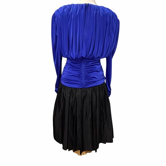 Vintage 80s Filigree Cocktail Dress Womens 10 Blue Black Ruched Drape Retro Glam - Picture 4 of 14